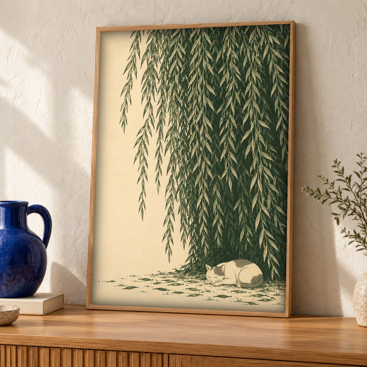 Japanese wall art, Sleeping Cat Beneath Willow, Botanical Print