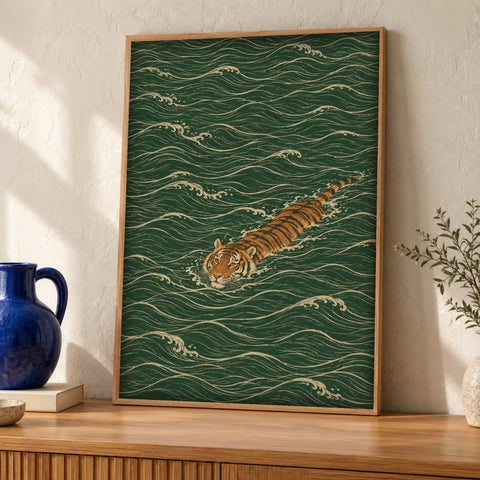 Japanese wall art — Swimming Tiger — Framed room mockup