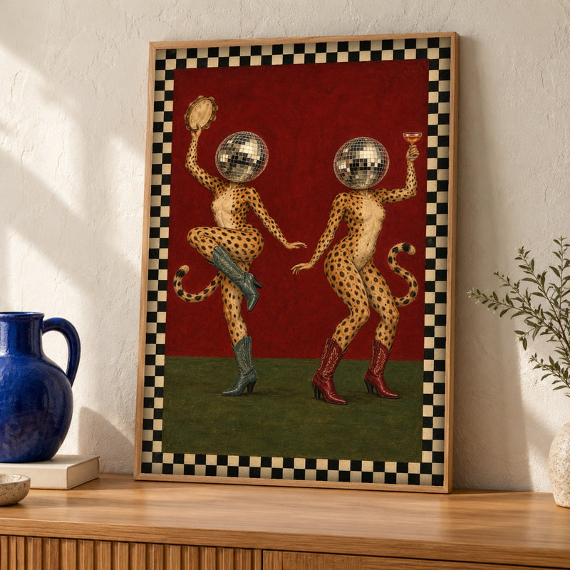 Retro wall art — Disco Leopard Dancers — Framed room mockup