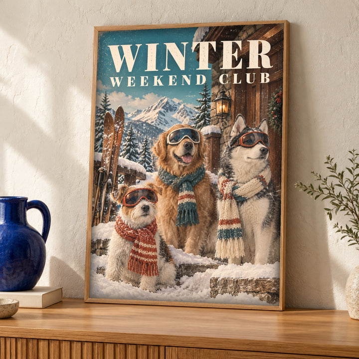 Dog poster, Winter Weekend Club, Ski lodge decor