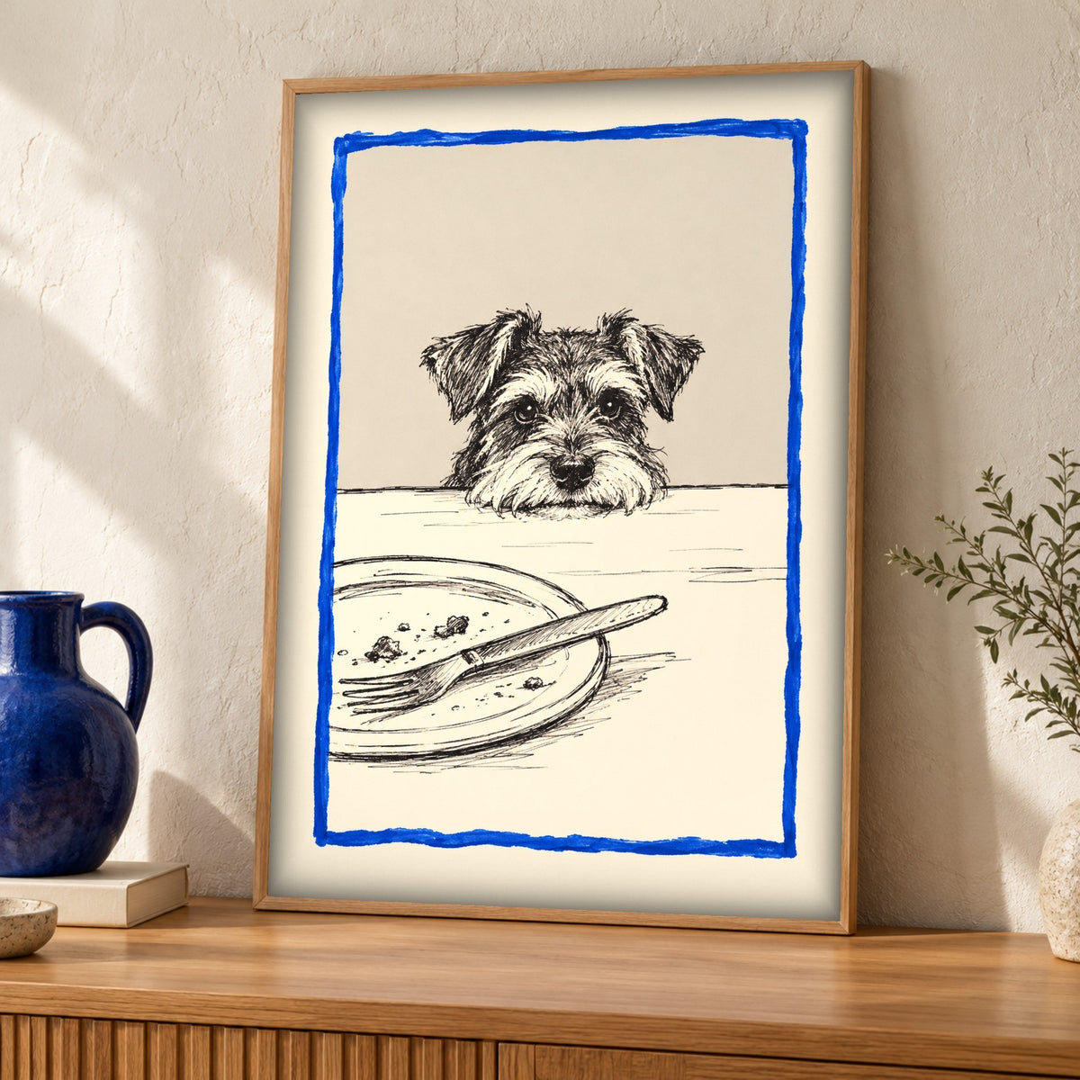 Dog illustration — Terrier at the Table — Framed room mockup