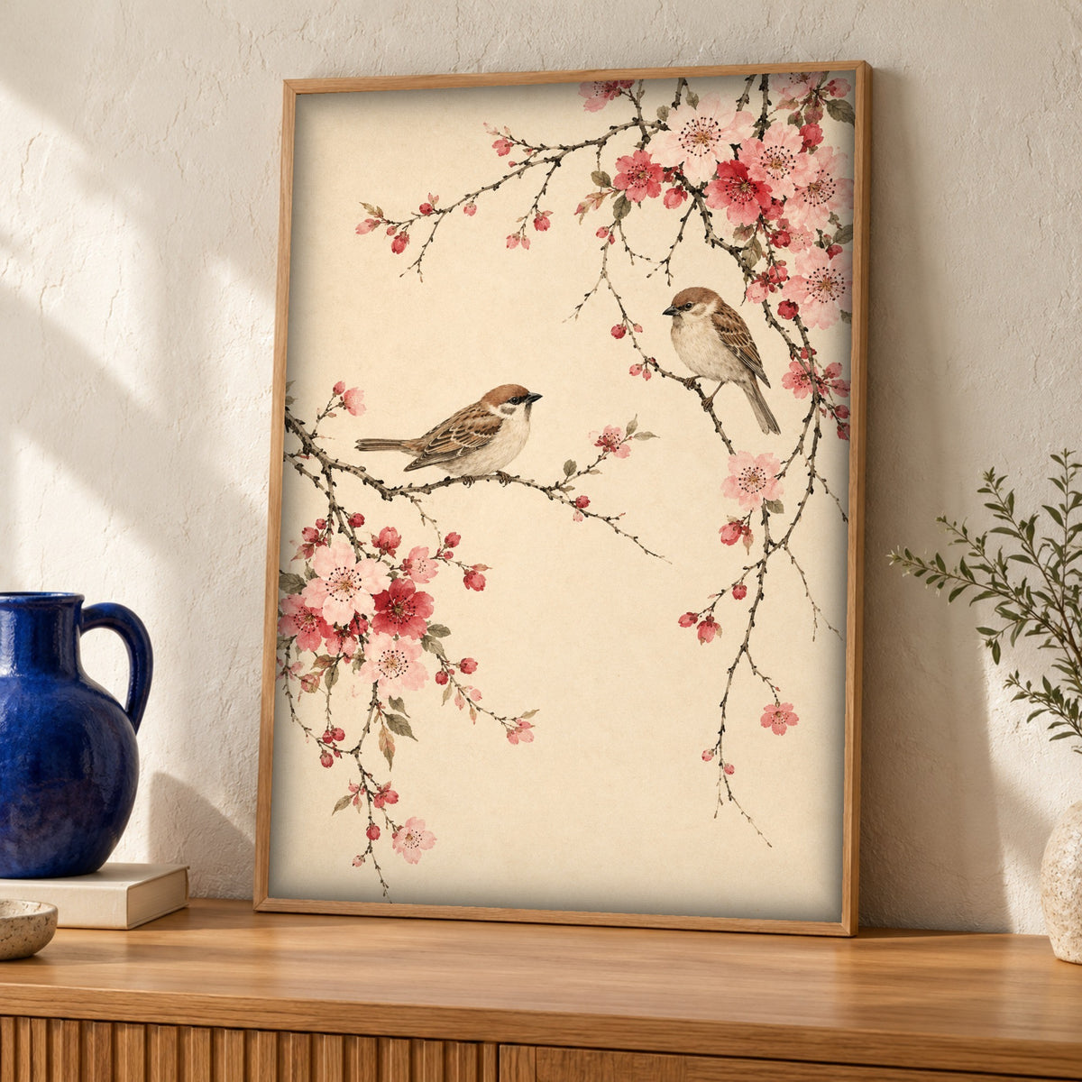 Japanese wall art — Sparrows and Cherry Blossom — Framed room mockup