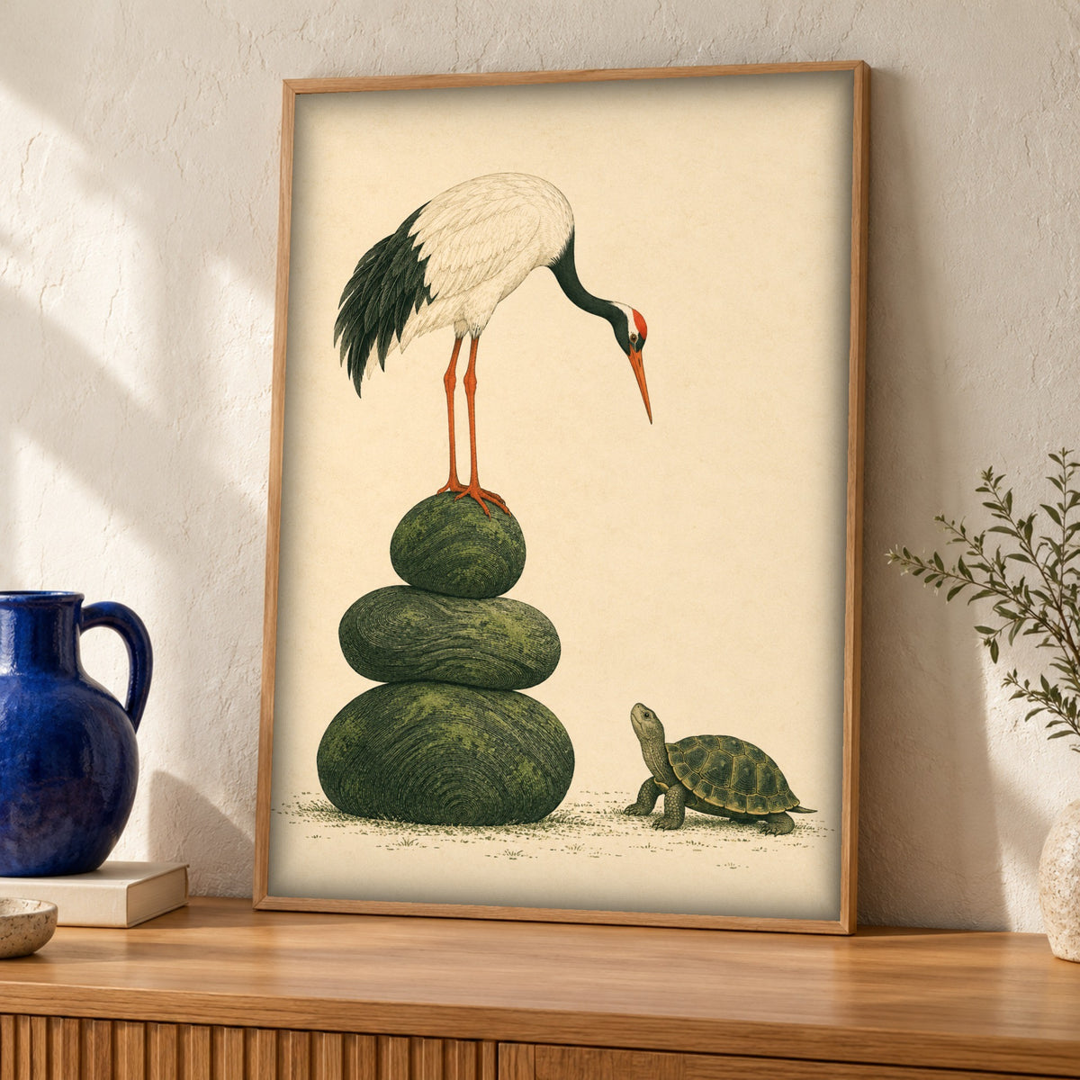 Vintage art print — Crane and Tortoise — Framed room mockup