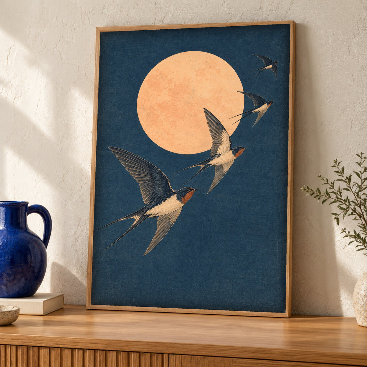 Vintage Art Print — Barn Swallows Beneath the Moon — Framed room mockup
