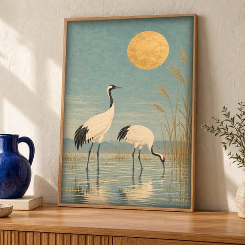 Japanese wall art — Red Crowned Cranes — Framed room mockup