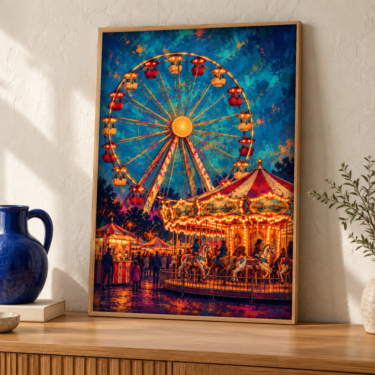 Fairground wall art — Ferris Wheel and Carousel — Framed room mockup