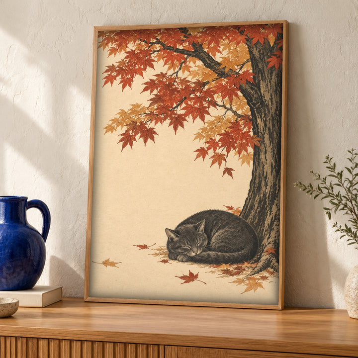 Japanese wall art, Sleeping cat autumn maple, Botanical print