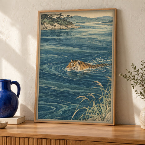 Japanese wall art — Swimming Tiger — Framed room mockup