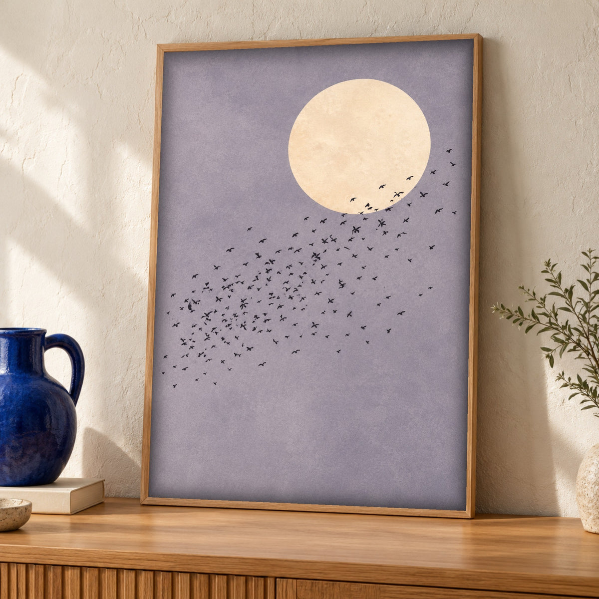 Minimalist art — Moonlit Bird Flock — Framed room mockup