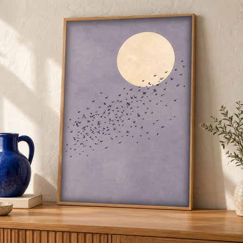 Minimalist art — Moonlit Bird Flock — Framed room mockup