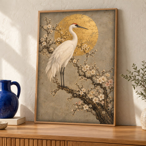 Japanese wall art — White Crane Among Blossoms — Framed room mockup