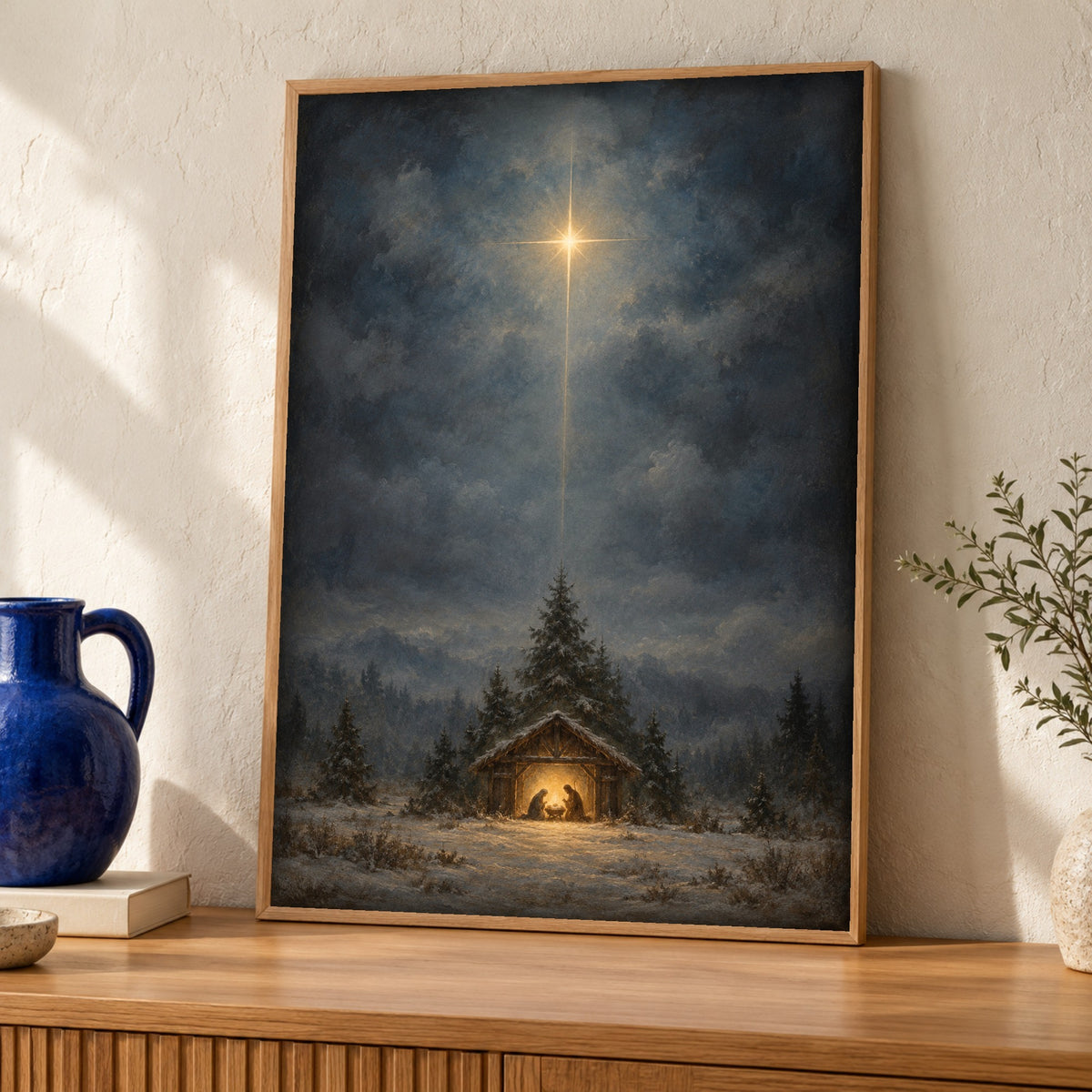 Christian wall art — Nativity beneath the Star of Bethlehem — Framed room mockup