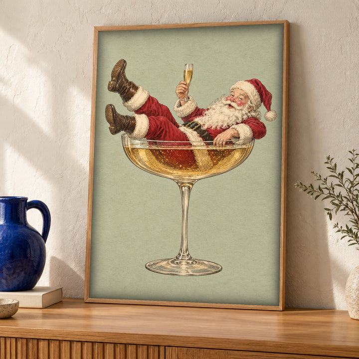 Christmas wall art, Santa Claus Champagne, Vintage poster