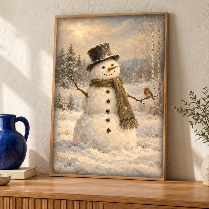 Snowman wall art, Robin winter print