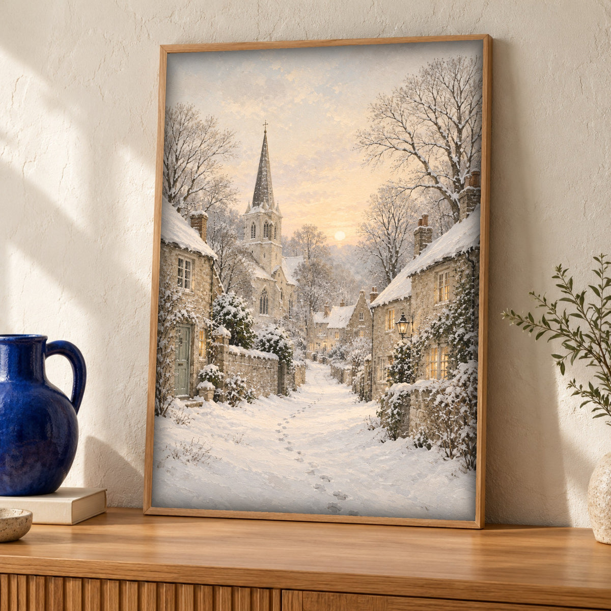 Winter village art — Snowbound Cottages and Village Church — Framed room mockup