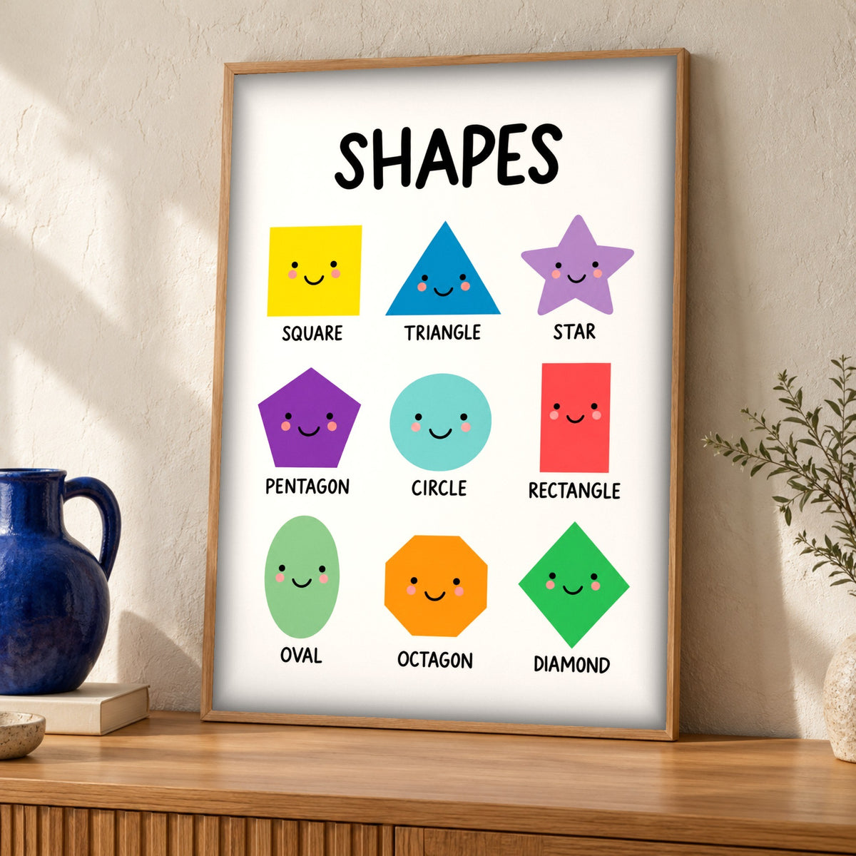 Shapes poster — Nine Smiling Geometric Forms — Framed room mockup