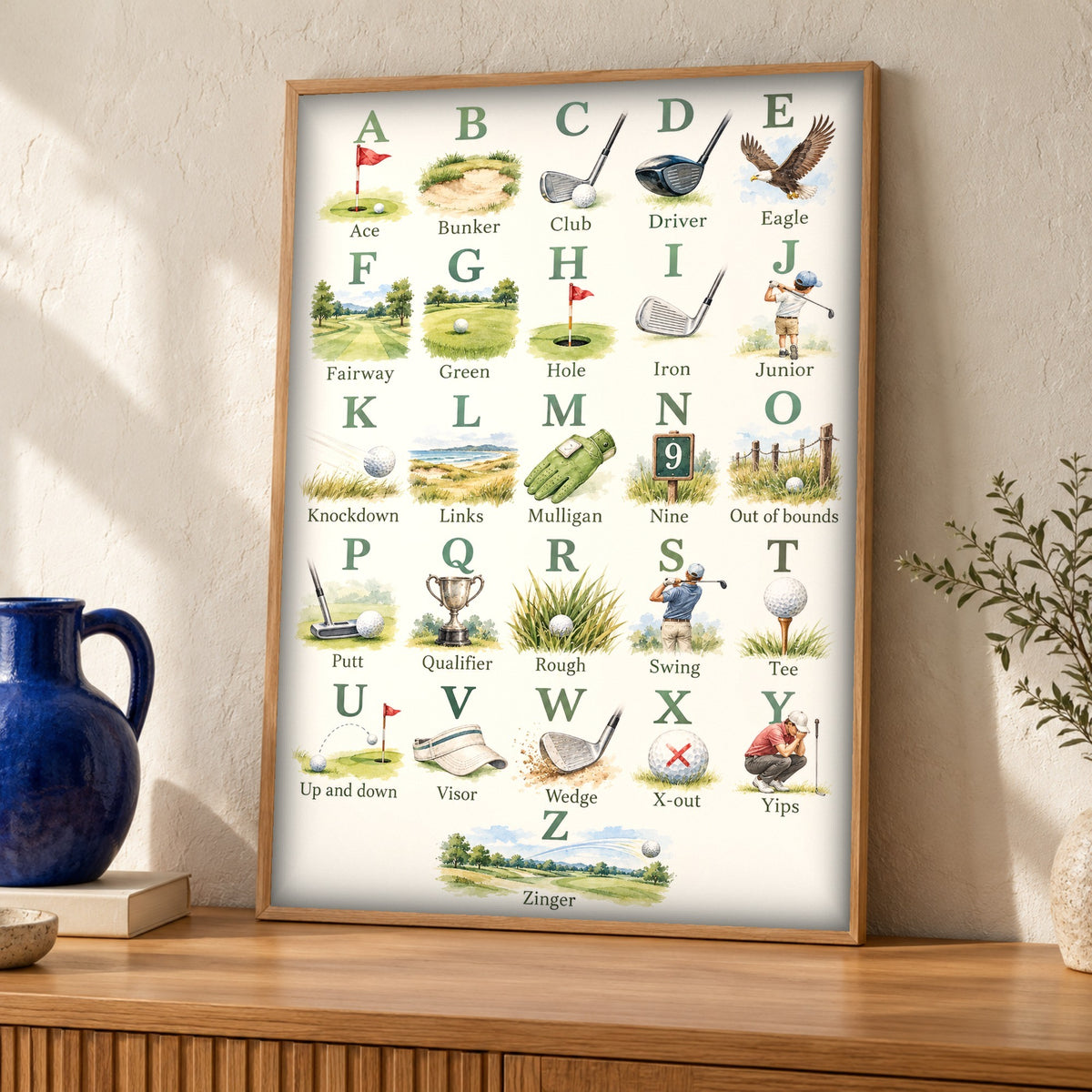 Golf alphabet print — An Illustrated A to Z — Framed room mockup