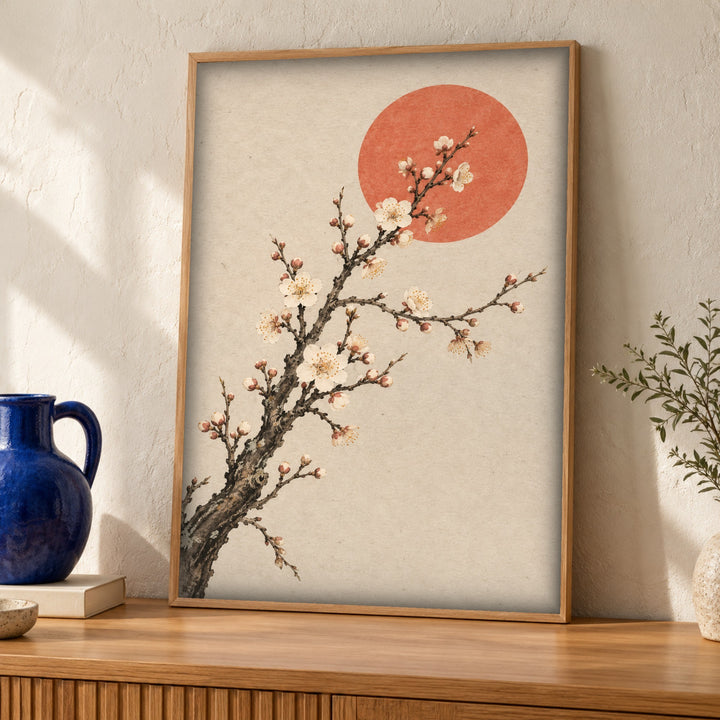 Japanese wall art, Plum Blossom Red Sun, Botanical Print