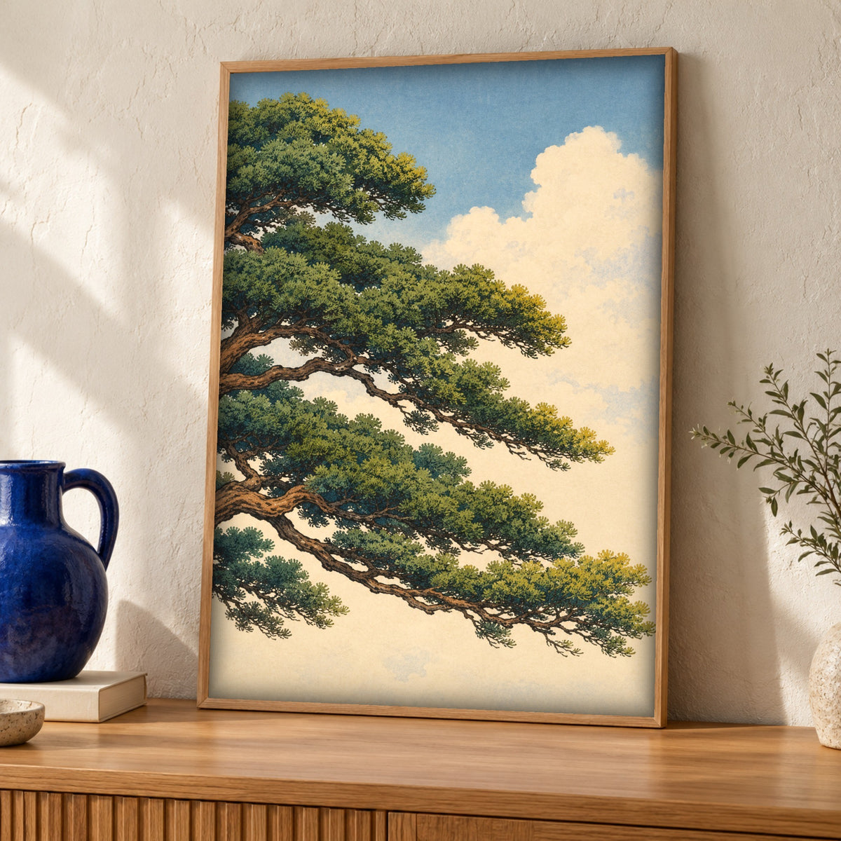 Japanese wall art — Pine Tree Against Summer Clouds — Framed room mockup