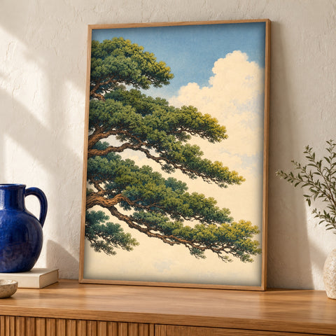 Japanese wall art — Pine Tree Against Summer Clouds — Framed room mockup