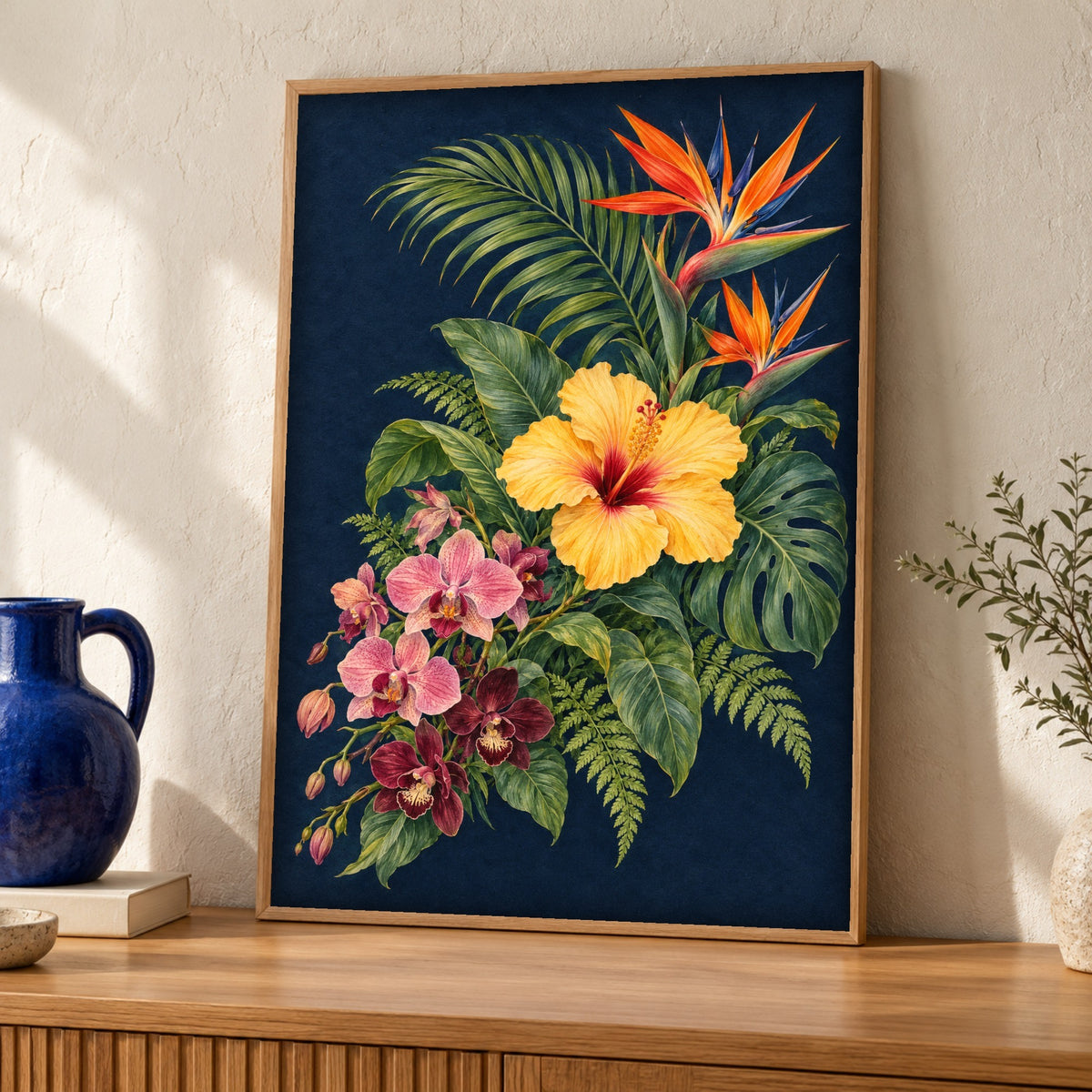 Botanical Art Print — Hibiscus, Orchids & Bird of Paradise — Framed room mockup