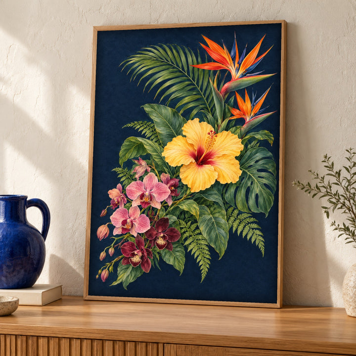 Botanical art print, hibiscus orchids strelitzia, tropical decor