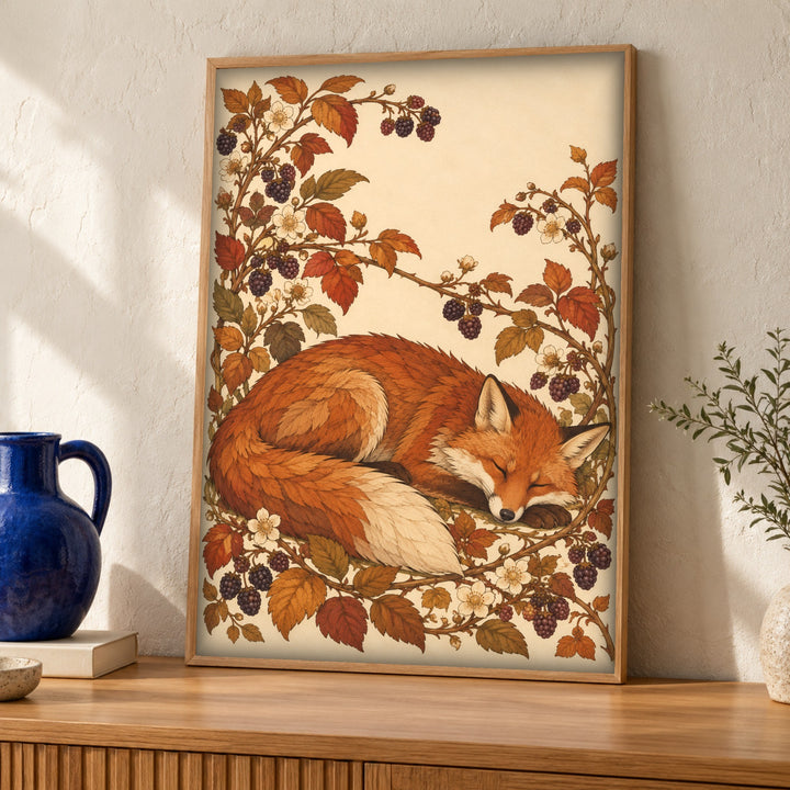 Woodland wall art, sleeping fox, botanical print