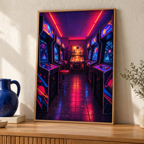 Retro wall art — Neon Arcade — Framed room mockup