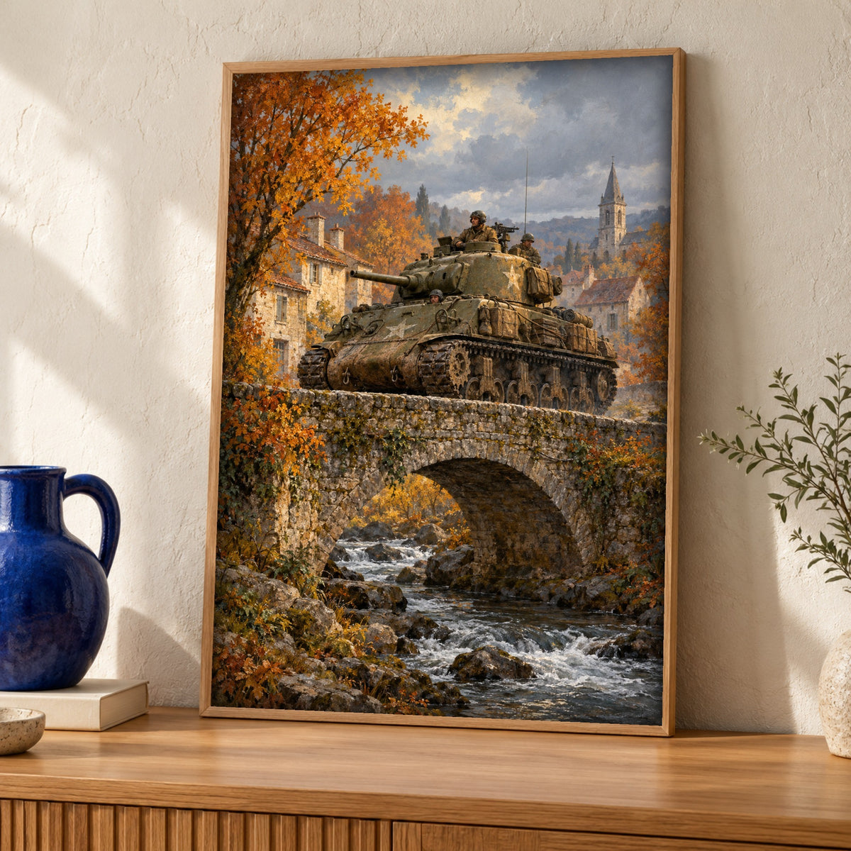 WWII poster — M4 Sherman on a Village Bridge — Framed room mockup