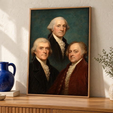 Founding fathers — George Washington, Thomas Jefferson and John Adams — Framed room mockup