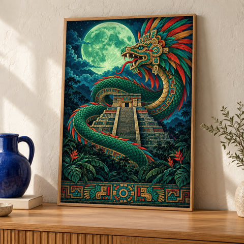 Quetzalcoatl art — The Feathered Serpent — Framed room mockup