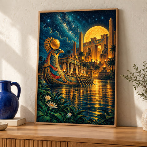 Egyptian art — Ra's Solar Barque — Framed room mockup