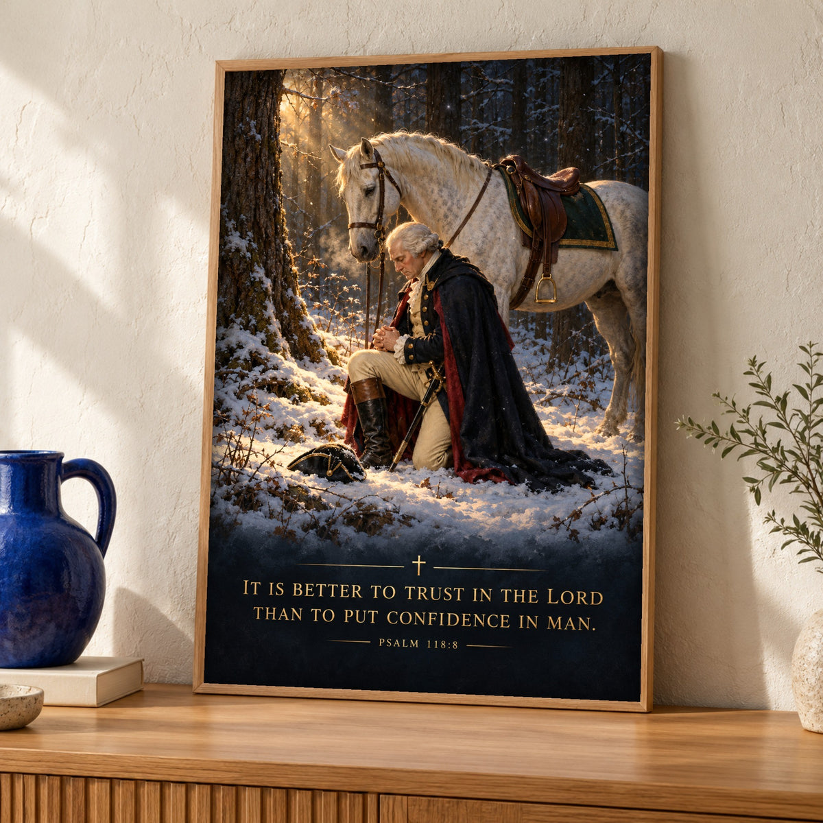 Christian wall art — George Washington in Prayer — Framed room mockup
