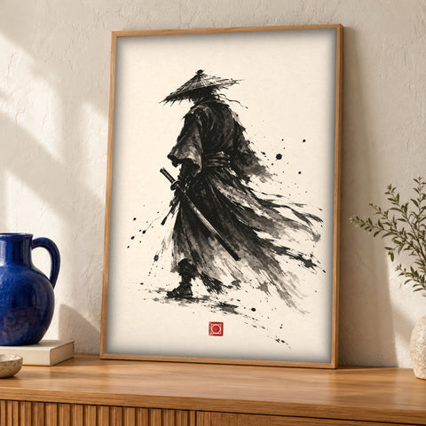 Japanese wall art — Samurai with Katana — Framed room mockup
