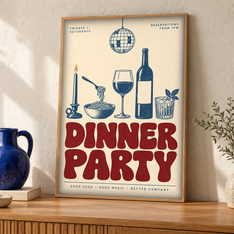 Dinner party poster — Pasta, Wine & Good Company — Framed room mockup