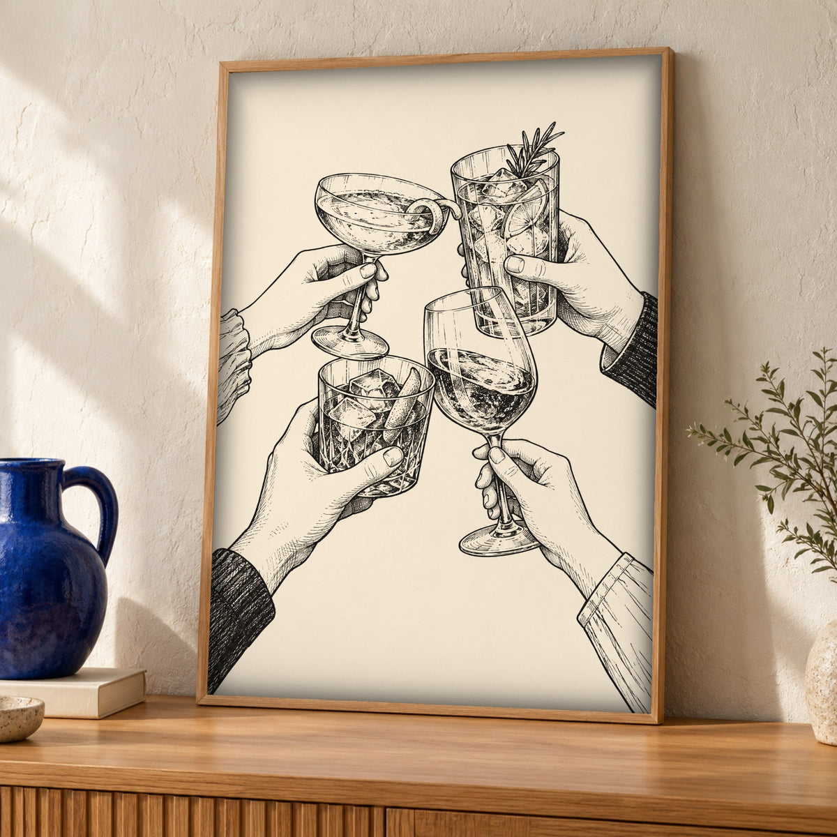 Cocktail wall art — Toasting Glasses — Framed room mockup