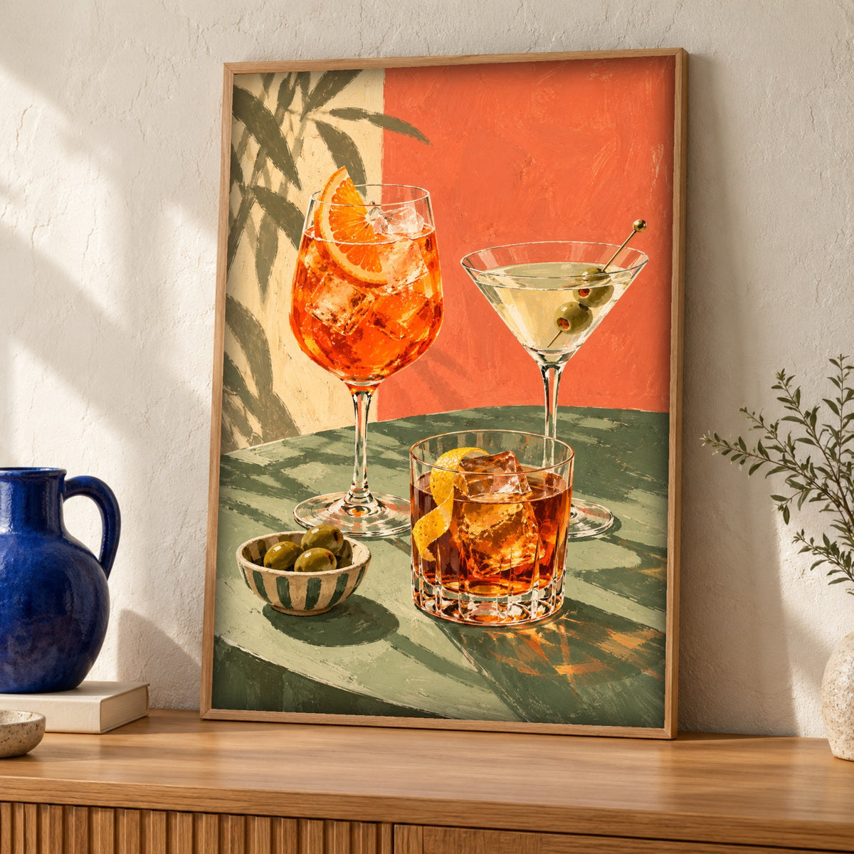 Cocktail wall art — Spritz, Martini & Whiskey — Framed room mockup