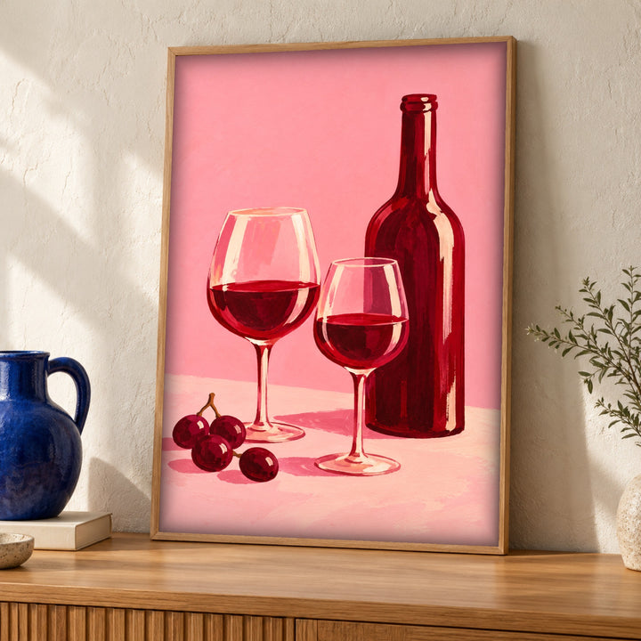 Wine wall art, Bottle and glasses, Kitchen print