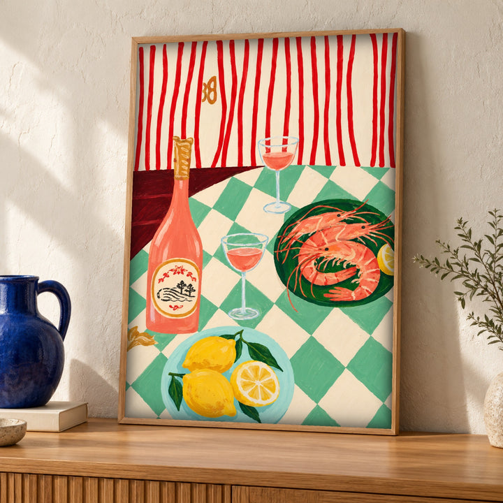 Kitchen wall art, Prawns rosé still life, Coastal decor