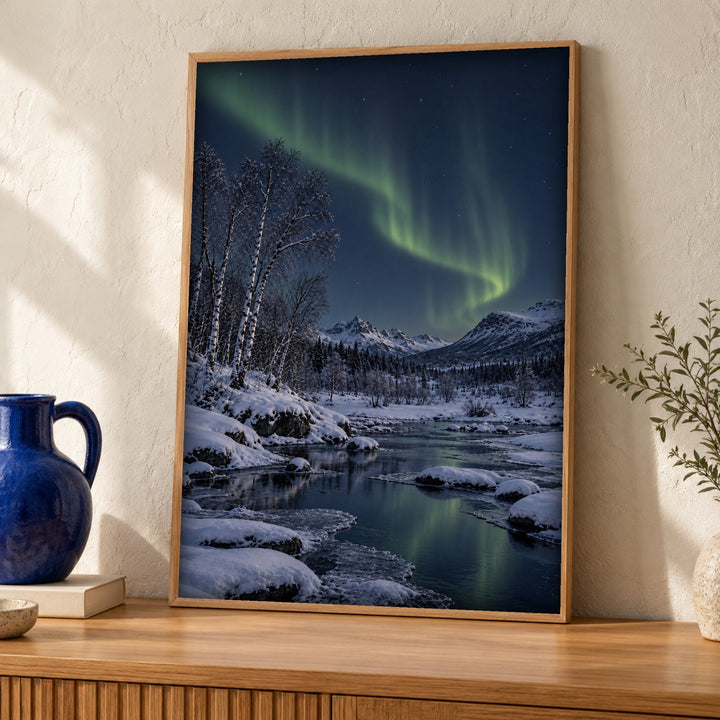 Northern lights art, Aurora borealis, Winter landscape print