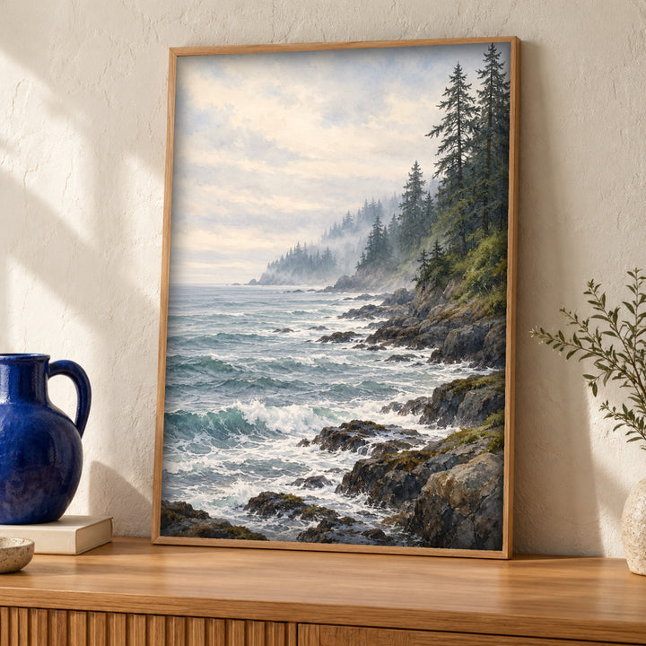 Coastal wall art, Misty pine coast, Ocean poster