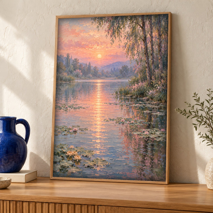 Landscape print, Water Lily Sunset, Impressionist Decor