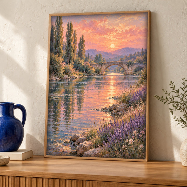 Landscape print, Stone bridge sunset, Cottagecore decor
