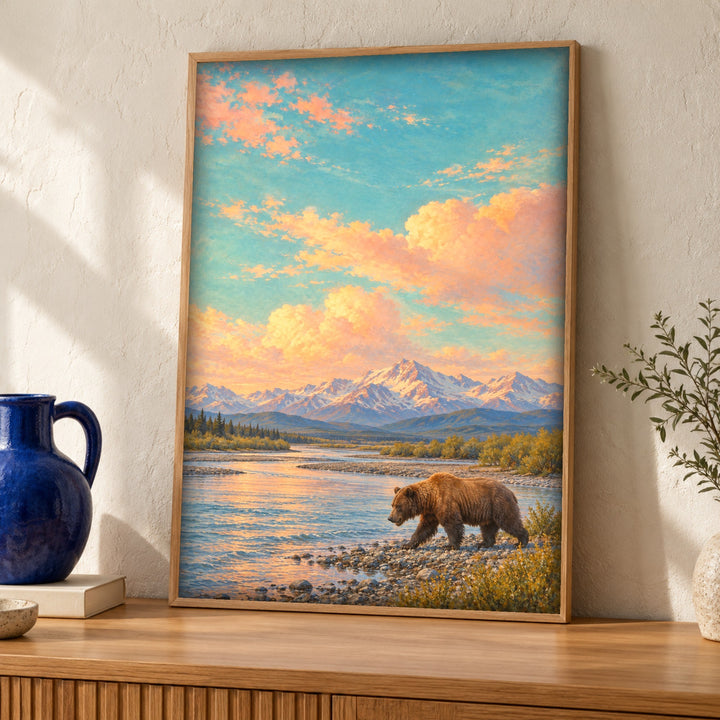 Mountain wall art, Brown bear landscape, Wildlife print