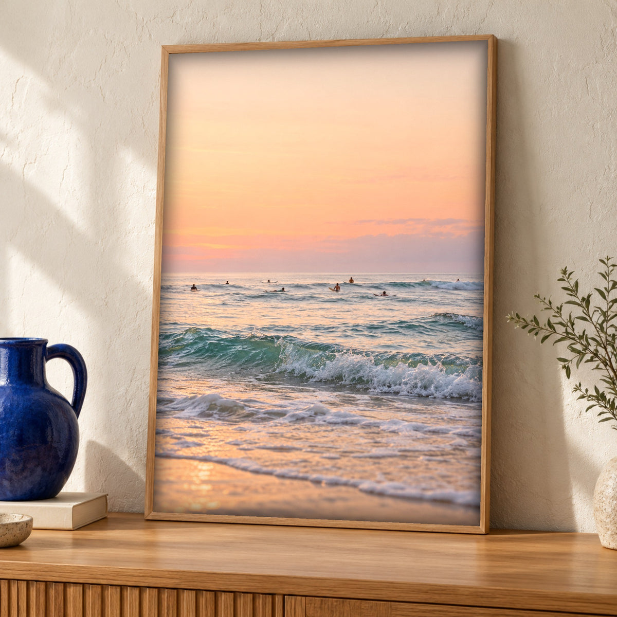 Coastal wall art — Sunset surfers — Framed room mockup