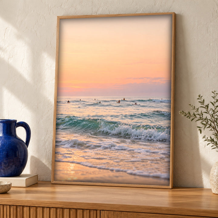 Coastal wall art, Sunset surfers, Ocean poster