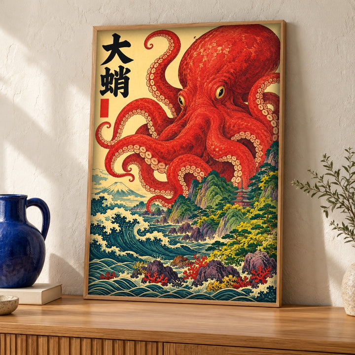 Japanese wall art, Giant Octopus Mount Fuji, Coastal Print