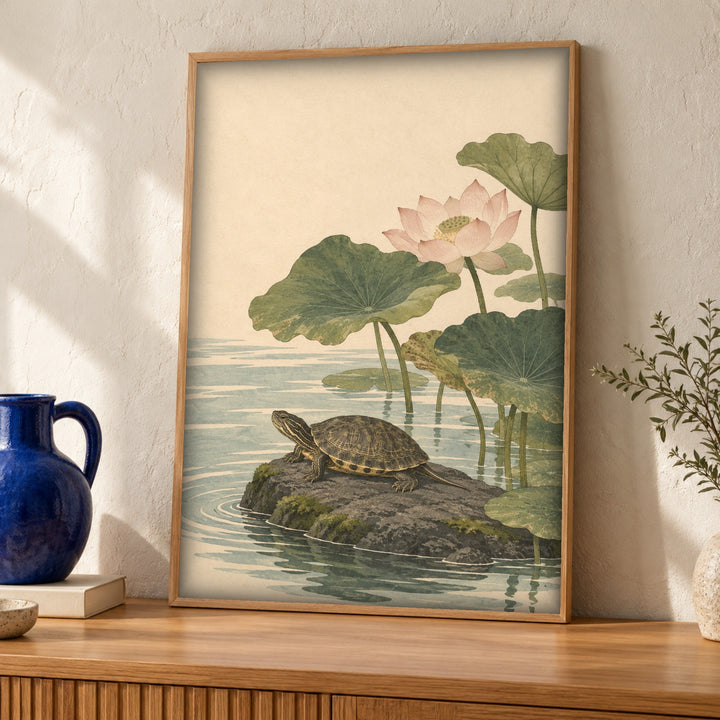 Botanical print, Lotus turtle, Pond decor