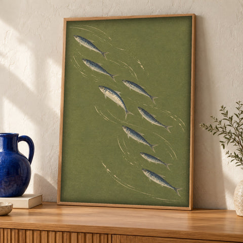 Coastal wall art — Sardine Shoal — Framed room mockup