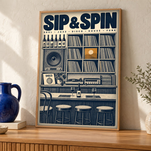 Music poster — Sip & Spin Vinyl Bar — Framed room mockup